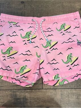 Party Pants Men’s  Jet Skiing Dinosaur Ripper Swim Trunks Pink  Size Medium 5 In